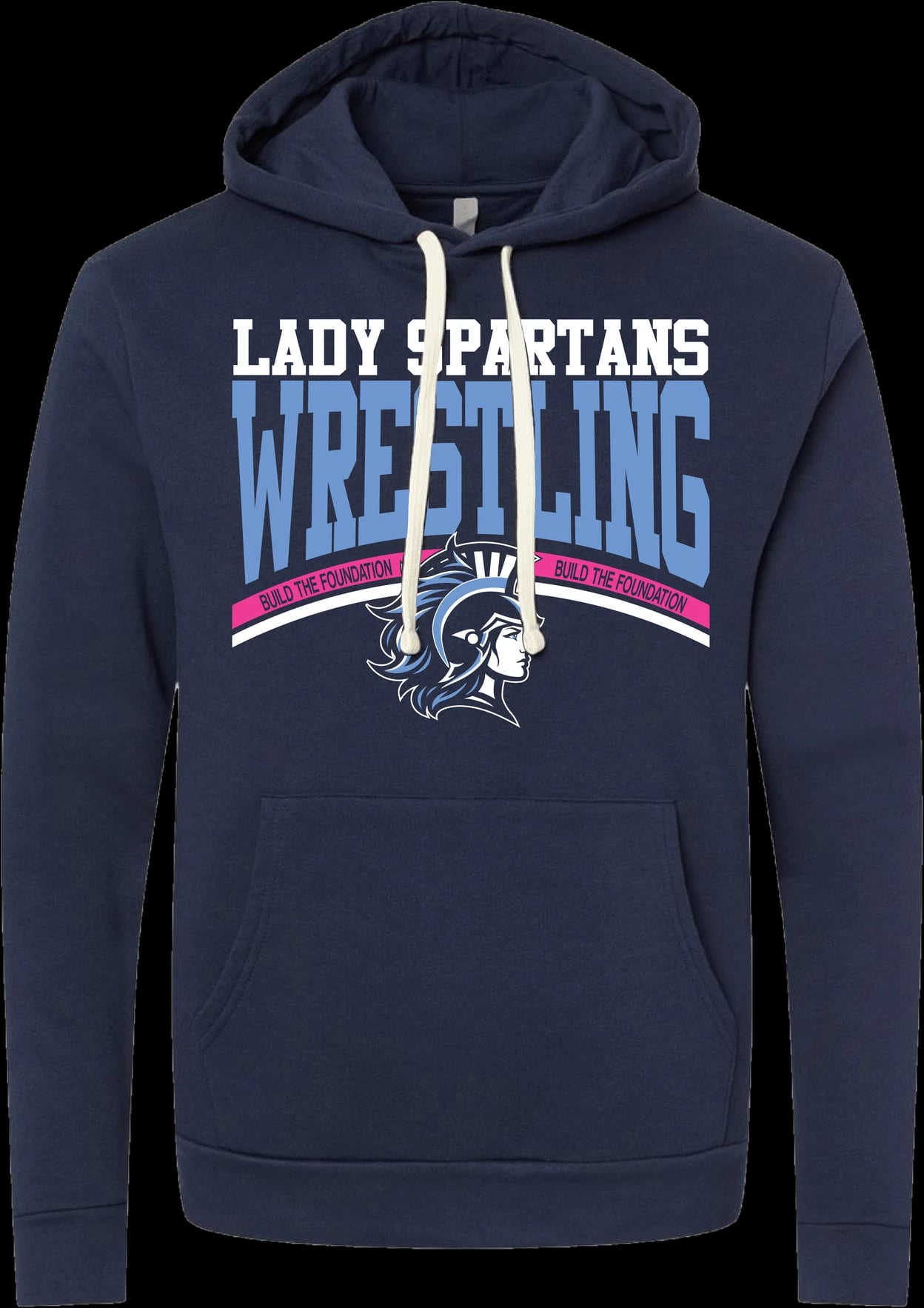 Collegiate design on a navy hoodie: “Lady Spartans Wrestling” in block letters above the Spartan mascot