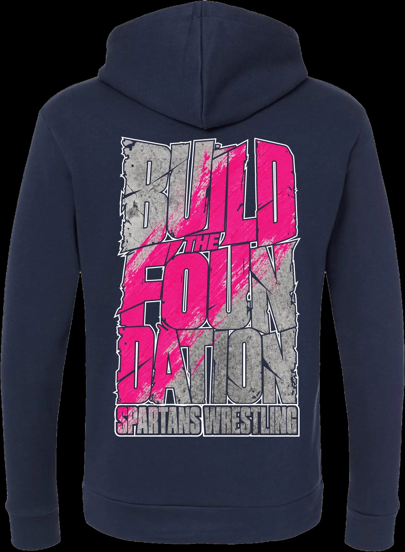 Foundation Splatter hoodie, back: Build the Foundation in gray and pink