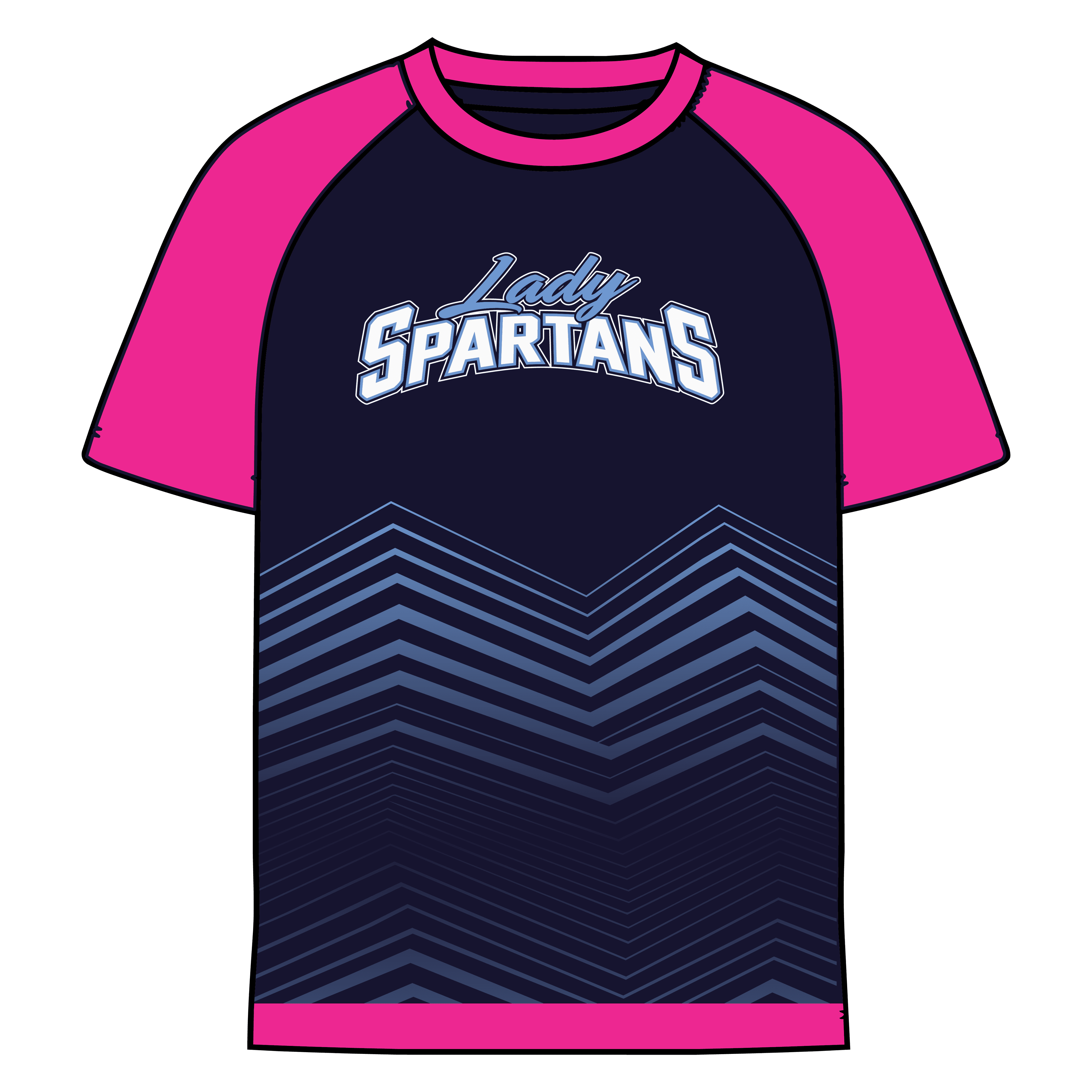 Front of the Warm-Up Tee: navy body, pink sleeves, and the Lady Spartans wordmark